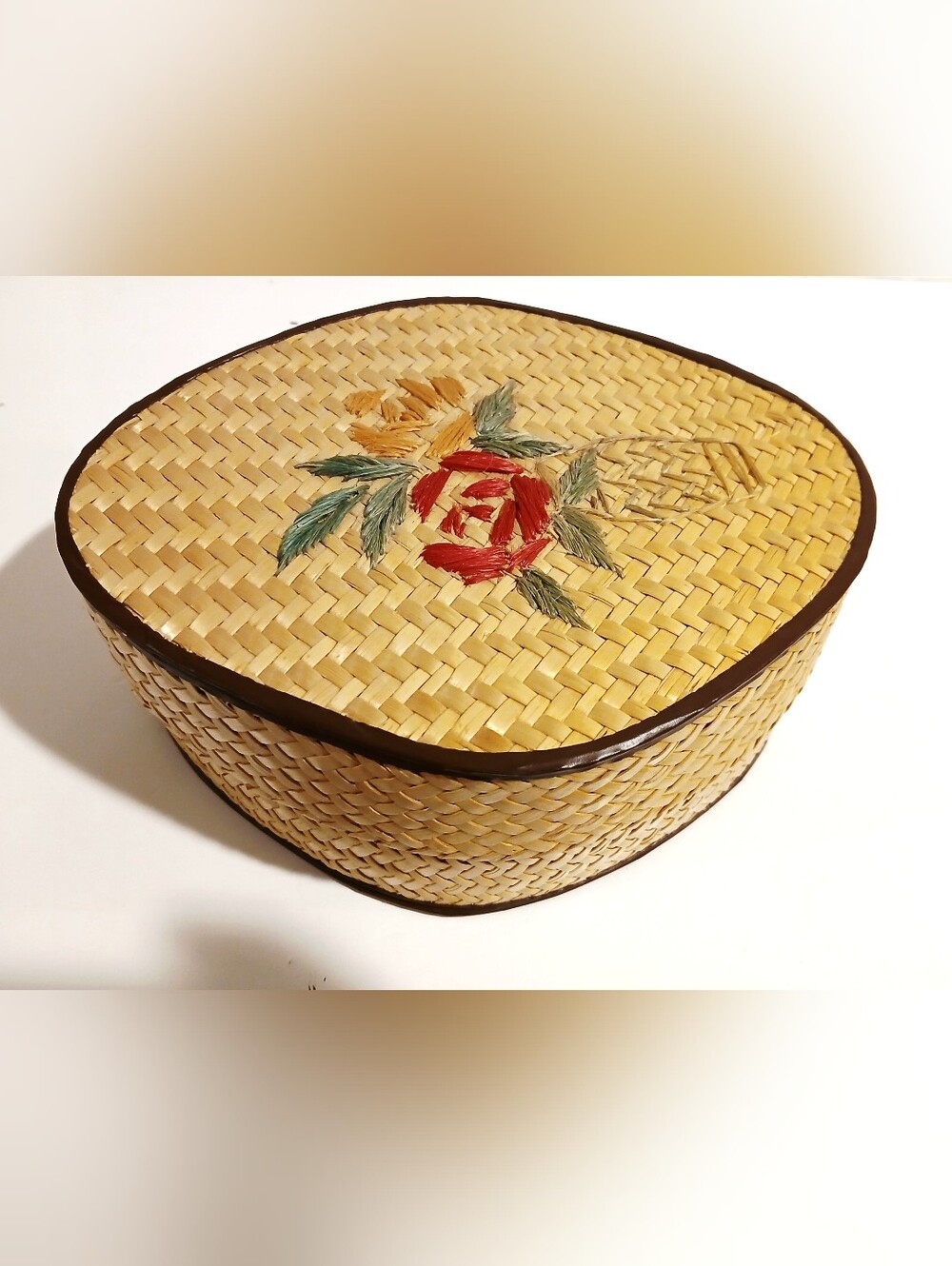 Vintage Woven Straw Sewing Box with Floral Embroidery - Natural